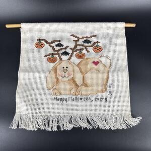 Vintage Cross Stitch Wall Hanging Fall Autumn Cute Happy Halloween Every Bunny